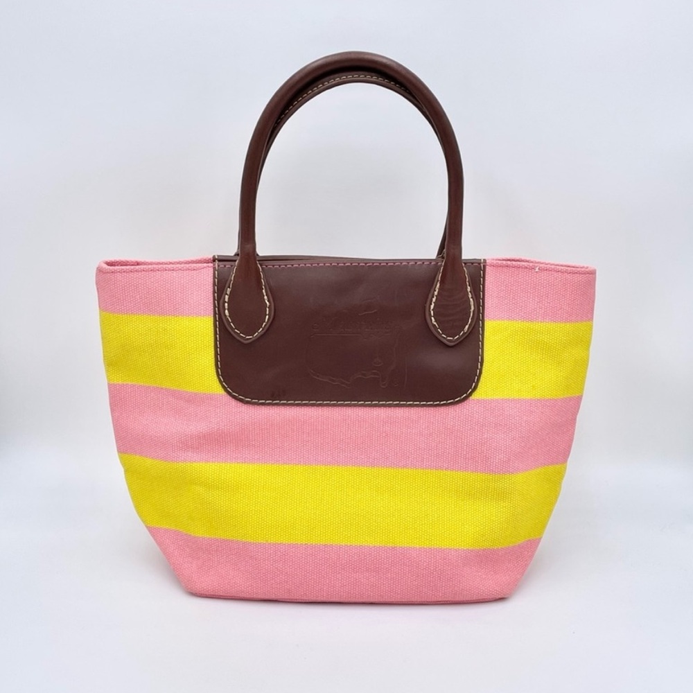 Masters Pink Yellow Striped Leather Canvas Handbag